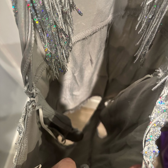 NWT Akira Flapper Fringe Iridescent Metallic Sparkle Open Back Romper - Picture 9 of 11